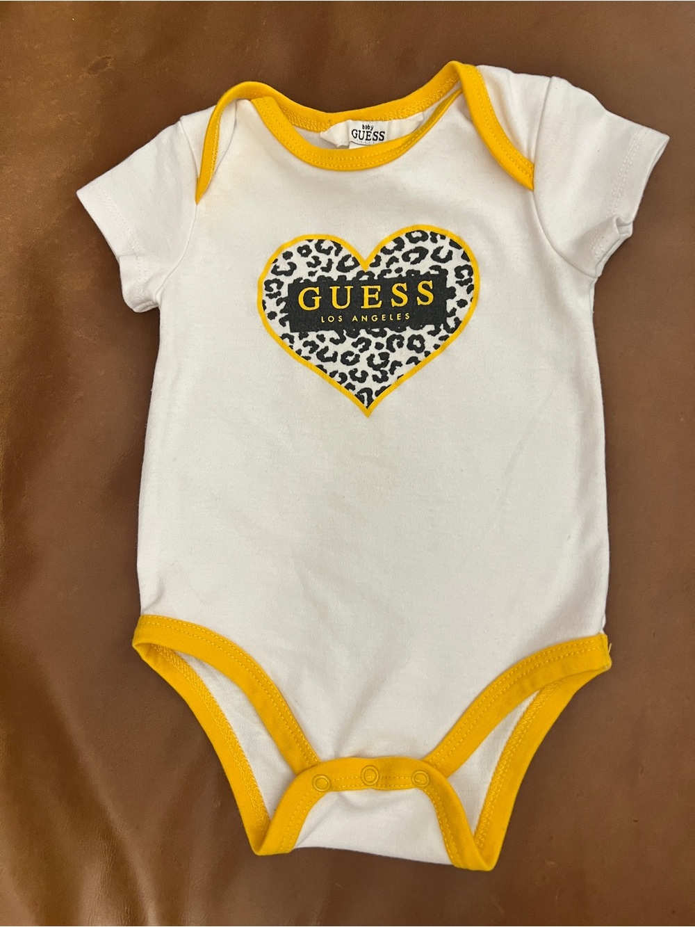 GUESS White One-Piece with Yellow Trim and Leopard Heart